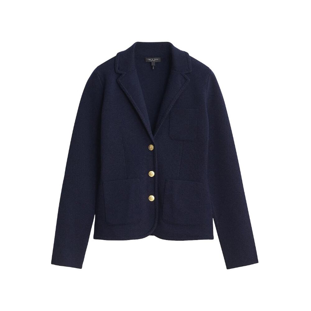 Rag & Bone Women Navy Merino Wool Knit Alex Slim Front Button Blazer Size S - Picture 4 of 11